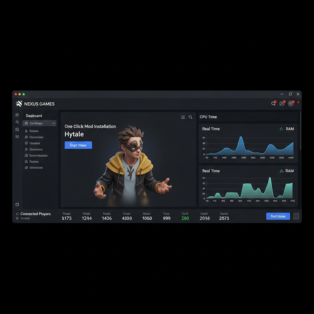 Captura de pantalla fotorrealista del panel de control Nexus Games mostrando la instalación de mods para Hytale con un clic, gráficos de uso de CPU y RAM en tiempo real, interfaz moderna con tema oscuro y estadísticas de jugadores conectados