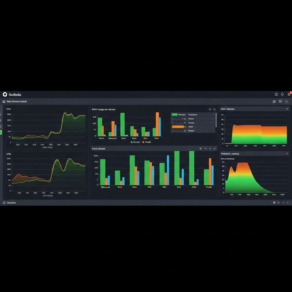 Captura de pantalla fotorrealista de un dashboard de Grafana mostrando gráficos de líneas de uso de CPU, barras de RAM por servidor (Minecraft, Rust, ARK, FiveM etiquetados), mapa de calor de latencia de red, paleta de colores verde y naranja sobre fondo oscuro, interfaz nítida de alta resolución