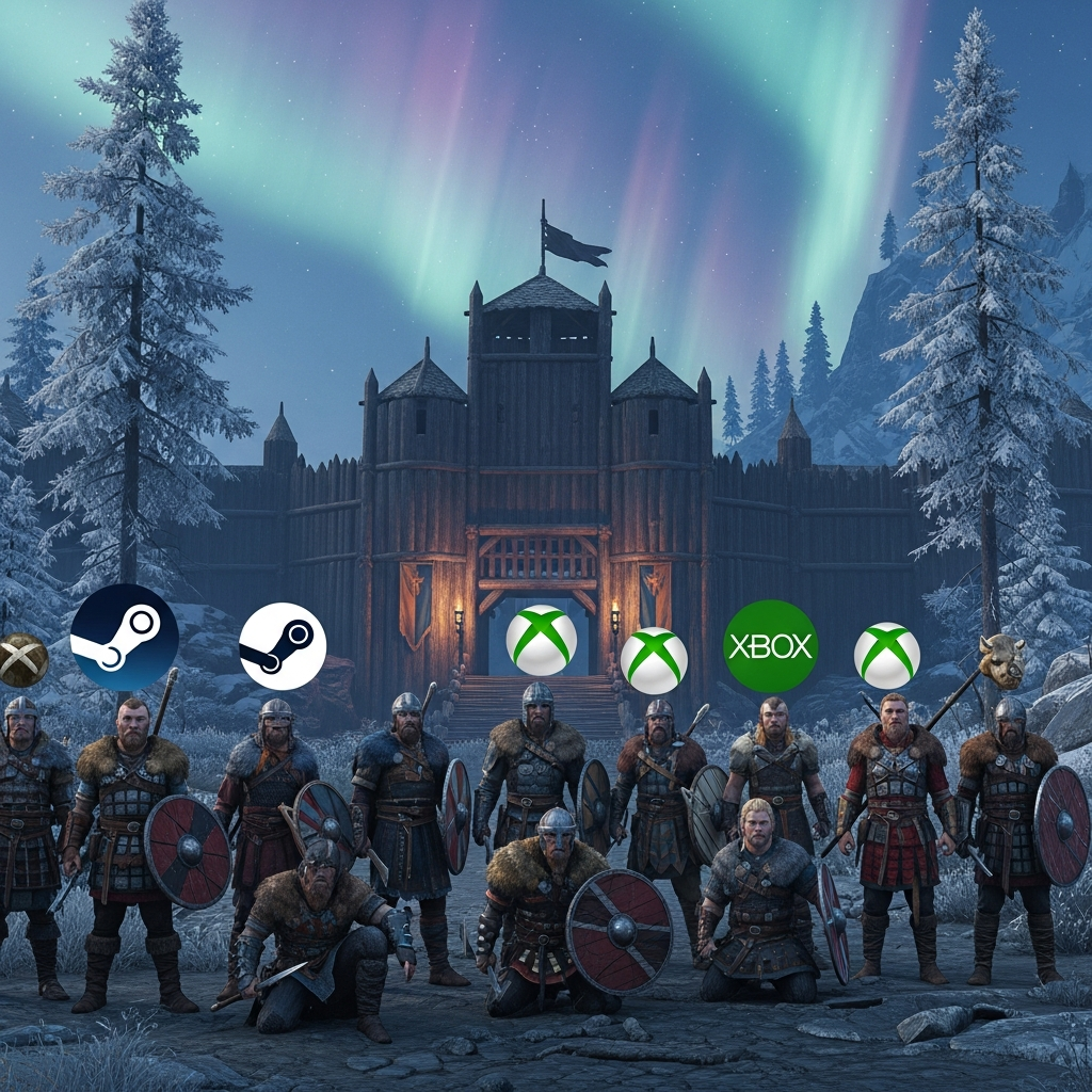 Captura de pantalla fotorrealista de un grupo de jugadores vikingos reunidos frente a una gran fortaleza de madera en Valheim, con diferentes iconos de plataformas (Steam, Xbox) flotando sobre sus cabezas, ambiente nórdico con aurora boreal al fondo