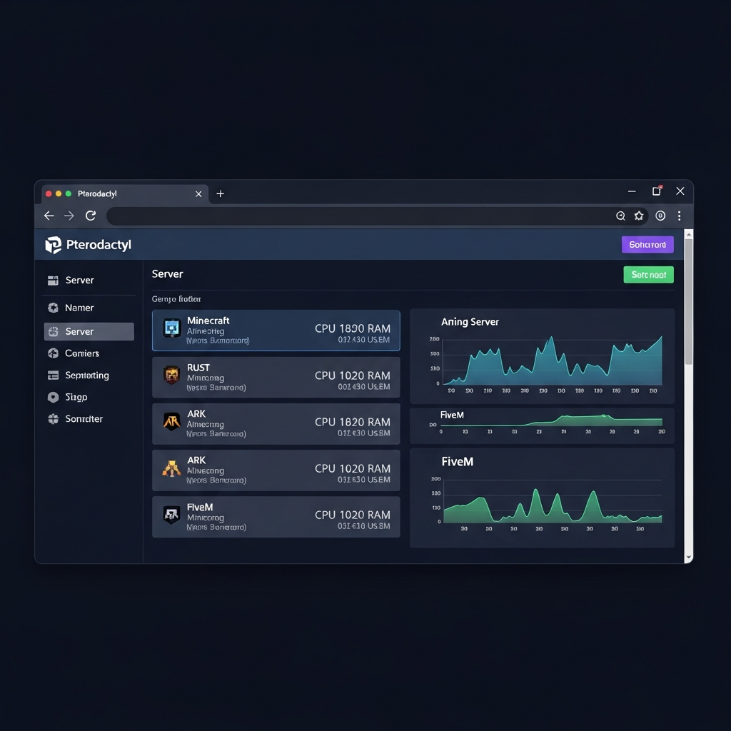Captura de pantalla fotorrealista de un panel de administración Pterodactyl ejecutándose en un navegador web moderno, mostrando una lista de servidores gaming (Minecraft, Rust, ARK, FiveM) con gráficos de CPU y RAM en tiempo real, esquema de colores azul y gris oscuro, interfaz limpia y profesional