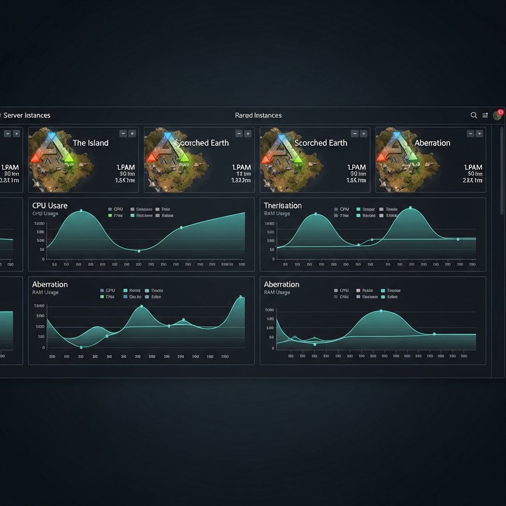 Captura de pantalla fotorrealista de un panel de gestión de servidores ARK mostrando múltiples instancias de mapas (The Island, Scorched Earth, Aberration) corriendo simultáneamente, con gráficos de uso de CPU, RAM y estadísticas de jugadores en tiempo real sobre fondo oscuro profesional