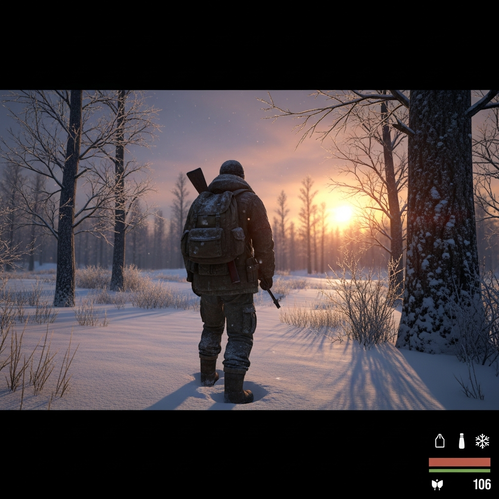 Captura de pantalla fotorrealista de un superviviente solitario en DayZ vanilla atravesando un bosque nevado de Chernarus al atardecer, con su mochila desgastada visible, arma al hombro y la interfaz de usuario minimalista del juego sin mods, mostrando indicadores de hambre y frío