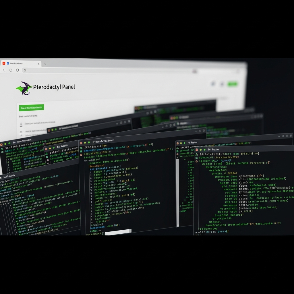 Captura de pantalla fotorrealista de un terminal Linux mostrando el proceso de instalación de Pterodactyl Panel, con líneas de código en verde sobre fondo negro, ventanas de terminal SSH, y el logo de Pterodactyl visible en la interfaz web en segundo plano