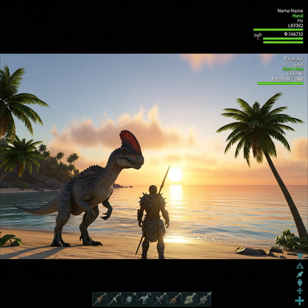 Captura fotorrealista de un jugador de ARK Survival junto a un Parasaur domado en una playa tropical al amanecer, con palmeras y océano azul de fondo, interfaz del juego visible mostrando estadísticas del dinosaurio