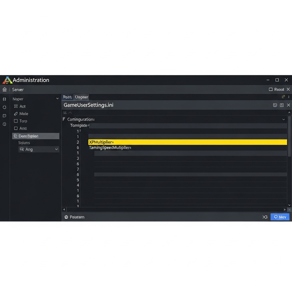 Capture d'écran d'un panel d'administration de serveur ARK affichant le fichier GameUserSettings.ini ouvert dans un éditeur, avec les lignes de configuration des rates (XPMultiplier, TamingSpeedMultiplier) surlignées en jaune, interface moderne sur fond sombre, résolution 1920x1080
