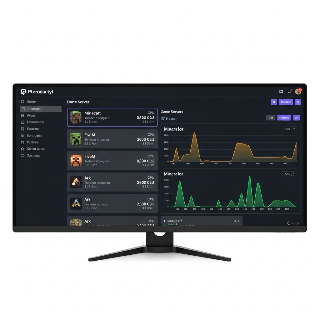 Capture d'écran photoréaliste du dashboard Pterodactyl moderne en thème sombre, affichant la liste des serveurs de jeux (Minecraft, FiveM, Ark) avec graphiques en temps réel de consommation CPU et RAM, sur un écran 4K