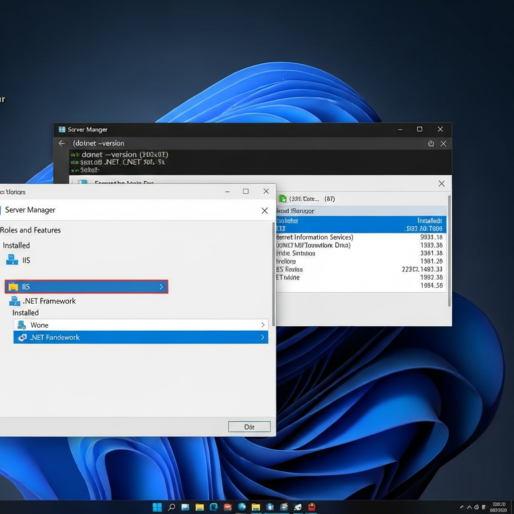 Capture d'écran photoréaliste d'un bureau Windows Server 2022 sur VPS, montrant le Gestionnaire de serveur ouvert avec les rôles IIS et .NET Framework installés, console PowerShell en arrière-plan affichant dotnet --version, interface moderne et nette