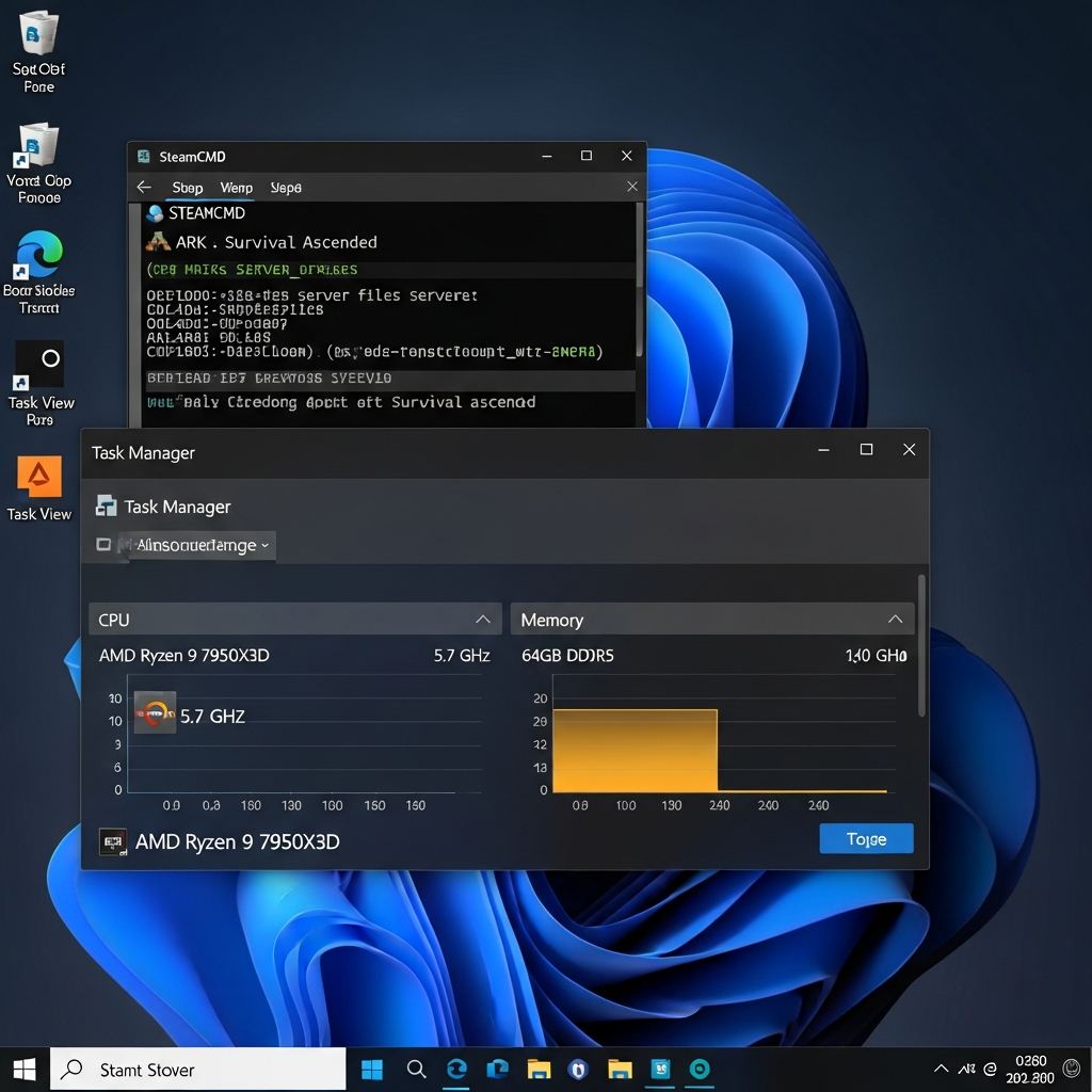 Capture d'écran photoréaliste d'un bureau Windows Server 2022 connecté en Remote Desktop, affichant le gestionnaire de tâches avec un processeur AMD Ryzen 9 7950X3D à 5,7 GHz, 64 Go de RAM DDR5 utilisée, et en arrière-plan une fenêtre SteamCMD téléchargeant les fichiers du serveur ARK Survival Ascended, interface graphique claire avec barre des tâches Windows visible