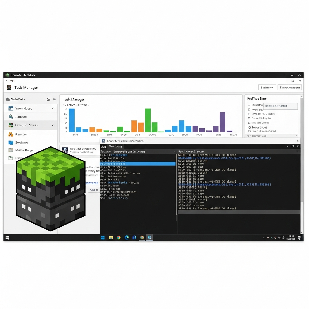 Capture d'écran photoréaliste d'une interface Remote Desktop Windows affichant un bureau VPS avec l'icône du serveur Minecraft au premier plan, le gestionnaire des tâches montrant 16 cœurs Ryzen 9 actifs, et une fenêtre de console Minecraft en cours d'exécution avec des logs défilant en temps réel