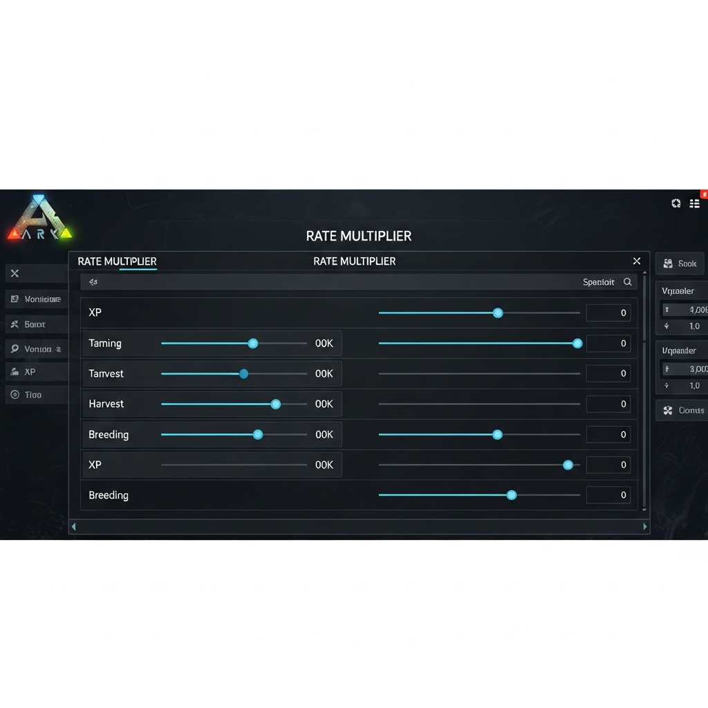 Capture d'écran photoréaliste d'un panel d'administration ARK affichant une liste de multiplicateurs de rates (XP, Taming, Harvest, Breeding) avec des curseurs et champs numériques, interface moderne en thème sombre, logo ARK en haut à gauche, tableau de bord détaillé et professionnel