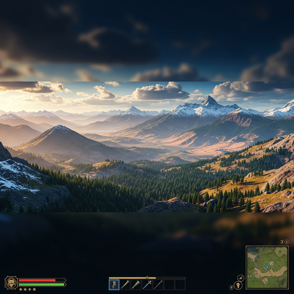 Capture d'écran photoréaliste d'un paysage Hytale montrant des montagnes majestueuses avec différents biomes étendus à perte de vue, rendu graphique détaillé avec éclairage dynamique et végétation dense, interface de jeu visible en bas de l'écran