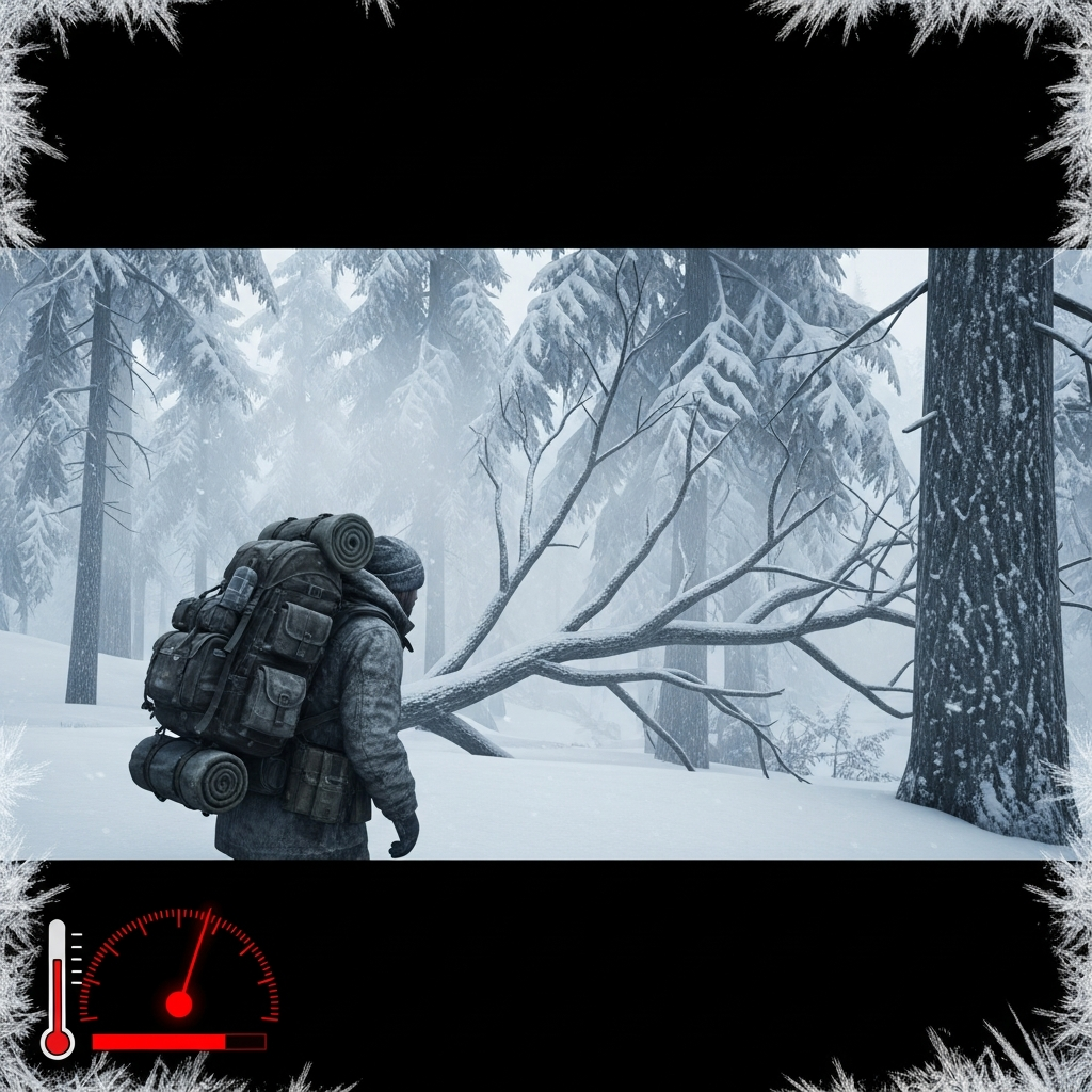Capture d'écran photoréaliste d'un personnage DayZ équipé d'un sac de survie massif, traversant une forêt enneigée dense sous une tempête hivernale, avec des effets de givre sur l'écran et une jauge de température en bas à gauche indiquant un niveau critique en rouge