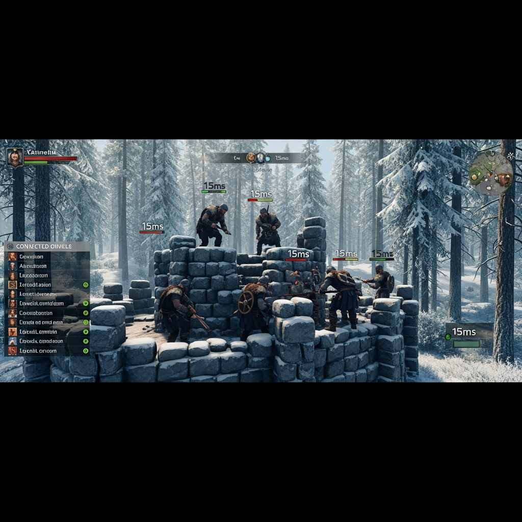 Capture d'écran photoréaliste d'un serveur Valheim multijoueur sur PC montrant plusieurs Vikings construisant une forteresse en pierre dans une forêt de pins enneigés, interface de jeu visible avec liste de joueurs connectés et indicateurs de latence réseau affichant 15ms