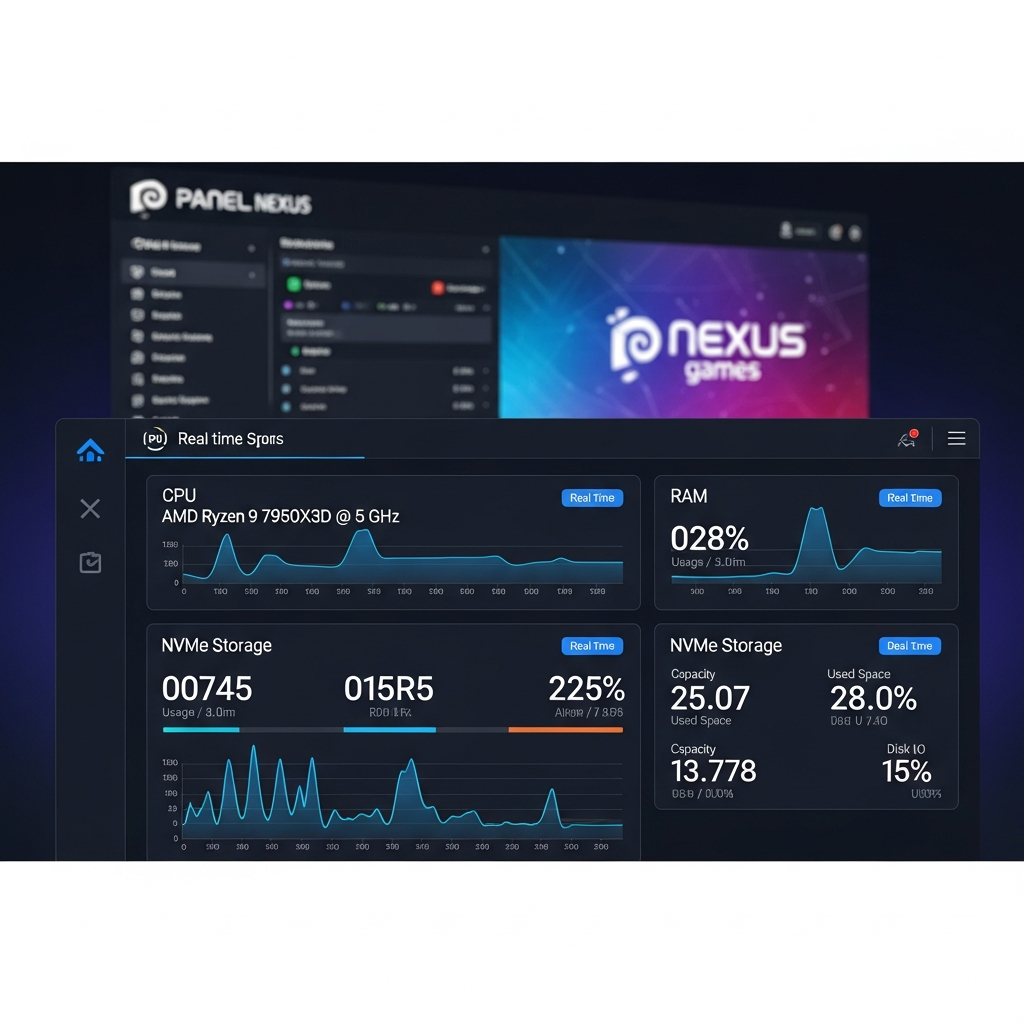 Capture d'écran photoréaliste d'un tableau de bord VPS montrant les métriques CPU (AMD Ryzen 9 7950X3D à 5 GHz), RAM DDR5 et stockage NVMe, avec des graphiques en temps réel et l'interface moderne du Panel Nexus Games en arrière-plan