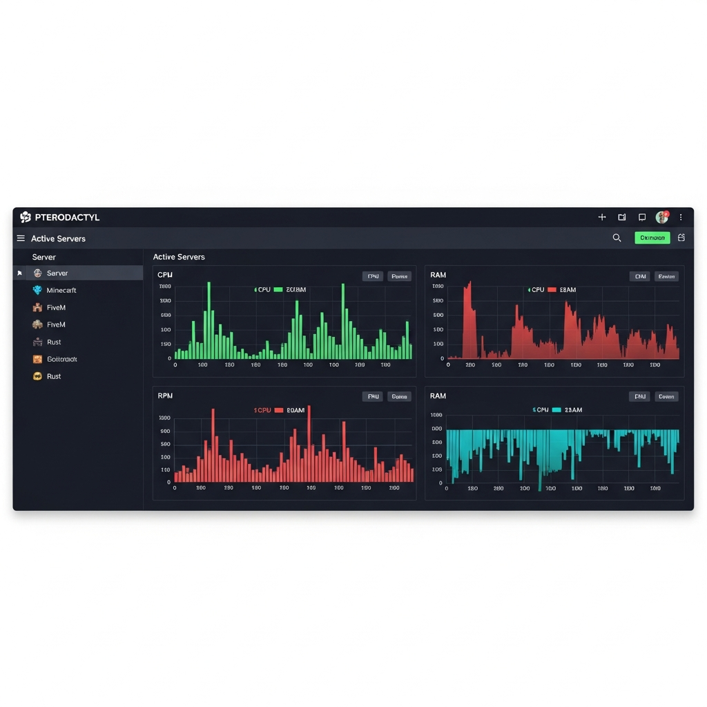 Capture d'écran photoréaliste du panel Pterodactyl affichant une liste de serveurs de jeux actifs (Minecraft, FiveM, Rust) avec graphiques temps réel CPU et RAM, interface sombre moderne et graphiques colorés, vue desktop