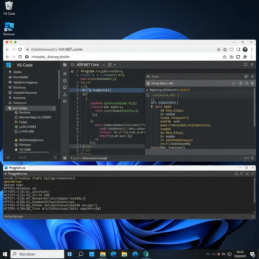 Capture d'écran photoréaliste montrant Visual Studio Code ouvert sur un VPS Windows, éditeur de code affichant un fichier Program.cs ASP.NET Core, terminal intégré exécutant dotnet run, navigateur en arrière-plan affichant la réponse JSON de l'API, interface claire et professionnelle