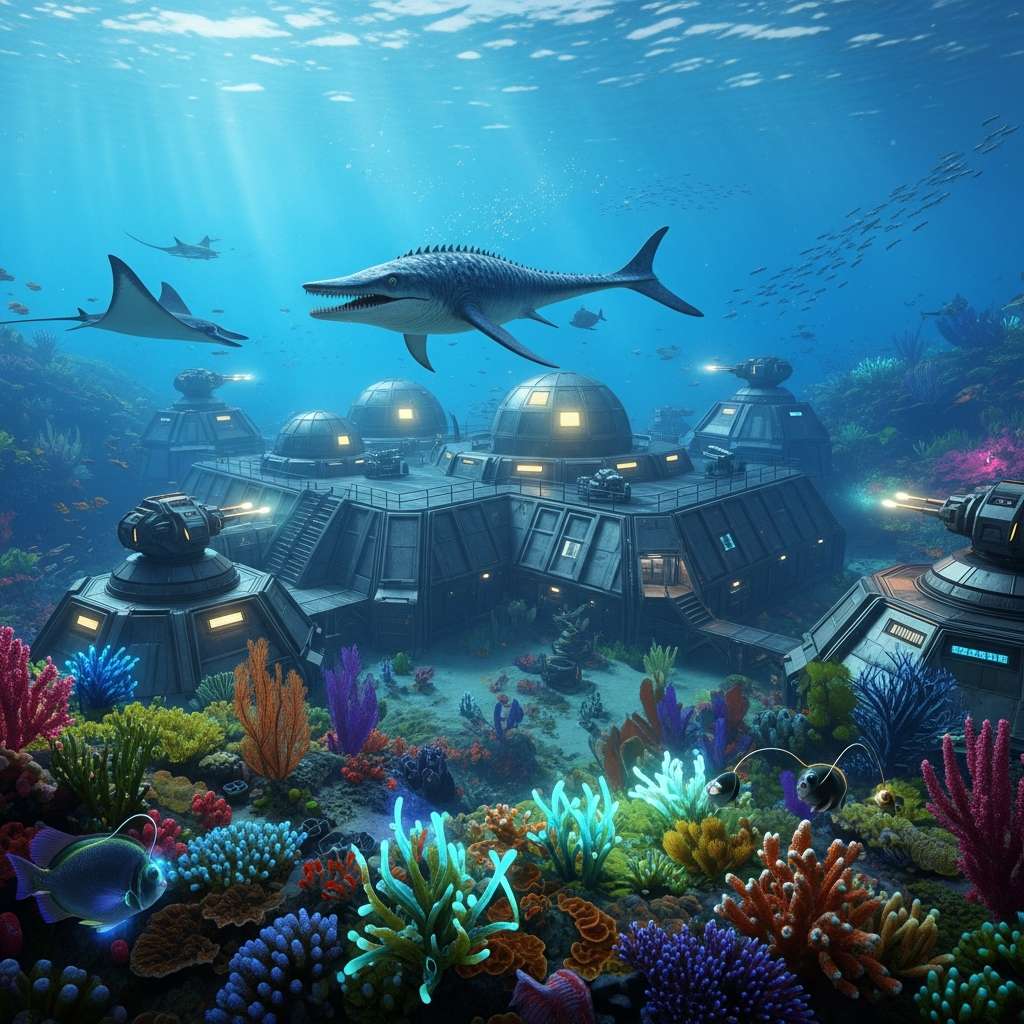 Cinematic photorealistic underwater scene of a metal base facility on the ocean floor in ARK Survival Ascended, surrounded by coral reefs, glowing plant species X, underwater turrets, with a Mosasaurus and various aquatic creatures swimming nearby, volumetric lighting through water