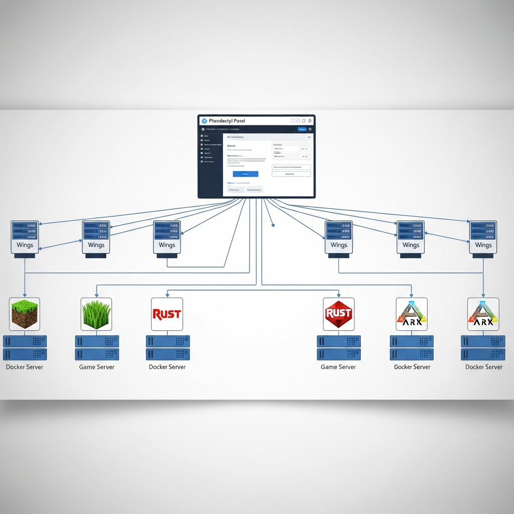 Clean technical diagram showing Pterodactyl Panel architecture with web interface connecting to multiple Wings daemons managing Docker containers, each container running a different game server, connected by network lines with server icons for Minecraft, Rust, and ARK