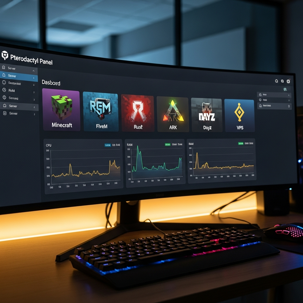 Close-up photorealistic shot of a curved ultrawide monitor displaying the Pterodactyl Panel dashboard with six server tiles (Minecraft, FiveM, Rust, ARK, DayZ, VPS), real-time CPU and RAM graphs overlayed, mechanical keyboard and gaming mouse in foreground, warm LED desk lighting, dark modern office background