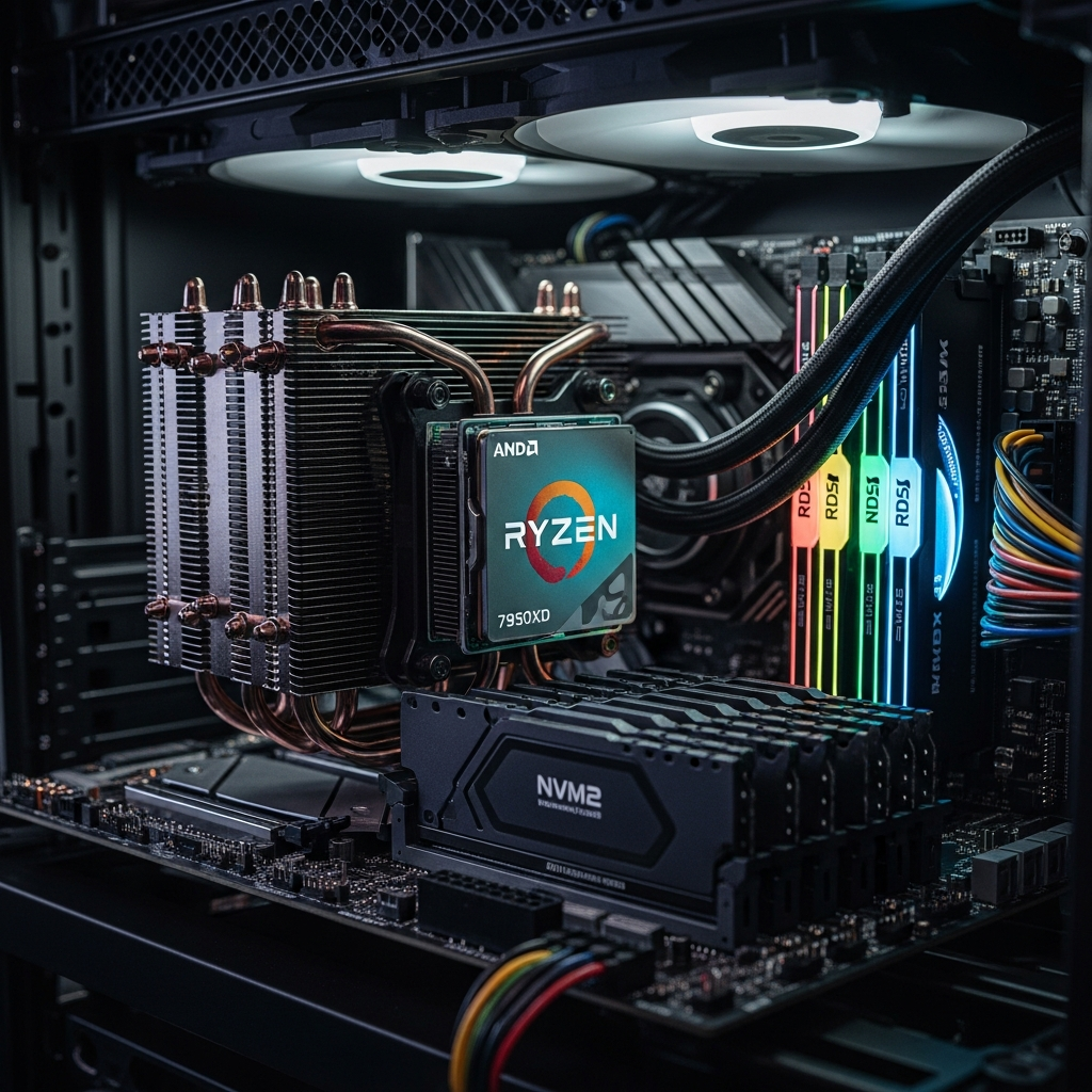 Close-up photorealistic view of AMD Ryzen 9 7950X3D processor installed on a high-end motherboard with DDR5 RAM modules and NVMe SSDs visible, dramatic lighting highlighting the CPU cooler and RGB components in a professional server rack environment
