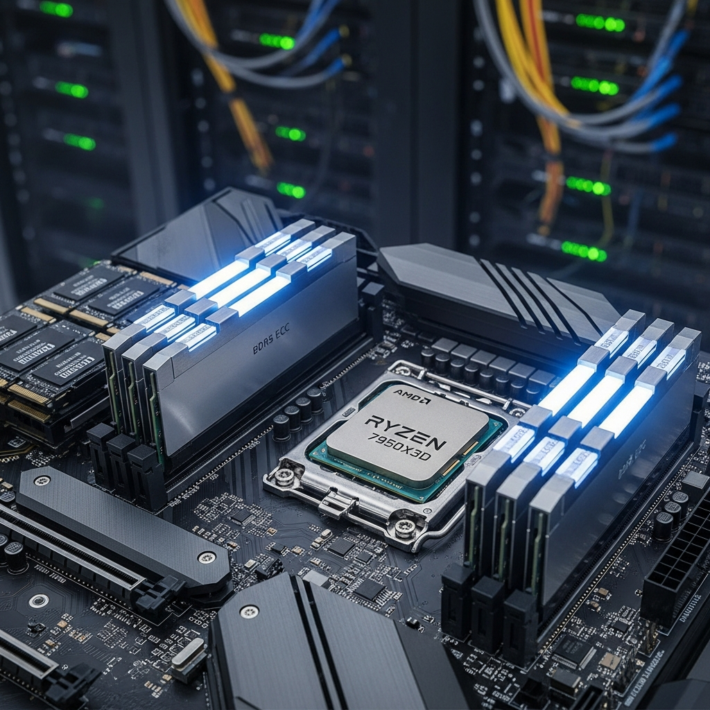 Close-up photorealistic view of AMD Ryzen 9 7950X3D processor installed on a high-end motherboard with DDR5 ECC RAM modules glowing in blue light, NVMe SSD drives visible, gaming server hardware setup in a professional data center environment
