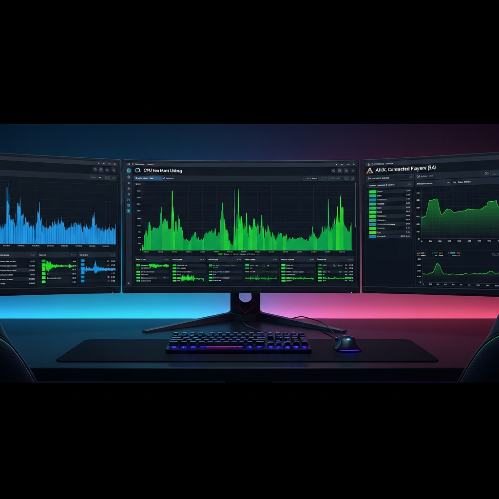 Dashboard de monitoreo en tiempo real mostrando gráficos de uso de CPU, RAM y jugadores conectados en un servidor ARK SA, interfaz tipo Grafana con fondo oscuro, gráficos en colores verde neón y azul, tres monitores curvos en escritorio gamer con iluminación RGB ambiental