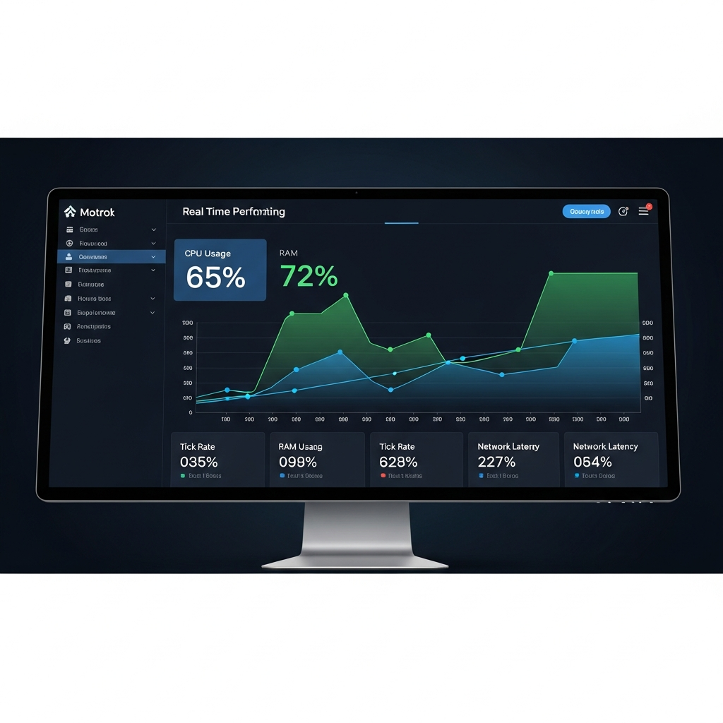 Dashboard de monitorización de servidor con gráficas de rendimiento en tiempo real mostrando uso de CPU al 65%, RAM al 72%, gráficos de líneas ascendentes y descendentes en tonos verdes y azules, interfaz moderna estilo panel de control con fondo oscuro, estadísticas de tick rate y latencia de red, pantalla de 27 pulgadas con bordes finos