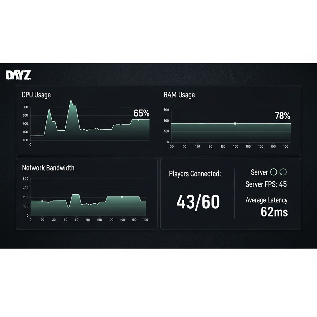 Dashboard de monitorización en tiempo real mostrando gráficos de rendimiento de servidor DayZ con líneas temporales de uso de CPU al 65%, RAM al 78%, ancho de banda de red y contadores de jugadores conectados (43/60), con métricas de FPS del servidor en 45 y latencia promedio de 62ms