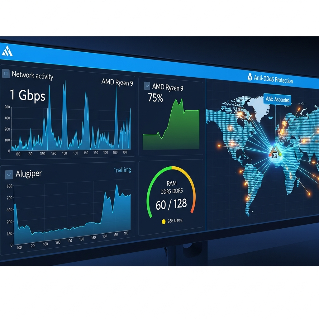 Dashboard professionnel monitoring serveur avec graphiques réseau 1 Gbps en activité, courbes CPU AMD Ryzen 9 à 75% d'utilisation, jauge RAM DDR5 à 60 Go/128 Go, carte du monde montrant connexions joueurs ARK Ascended en temps réel avec lignes lumineuses, logo protection Anti-DDoS affiché, interface moderne bleu et noir, photoréaliste