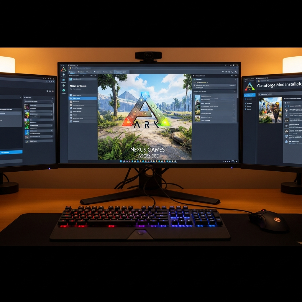 Detailansicht eines hochmodernen Gaming-Servers während eines ARK Survival Ascended Spiels, Bildschirm zeigt das Nexus Games Management-Panel mit CurseForge-Mod-Installation im Hintergrund, realistische Tastatur und Maus im Vordergrund, warmes Bürolicht mit professioneller Atmosphäre