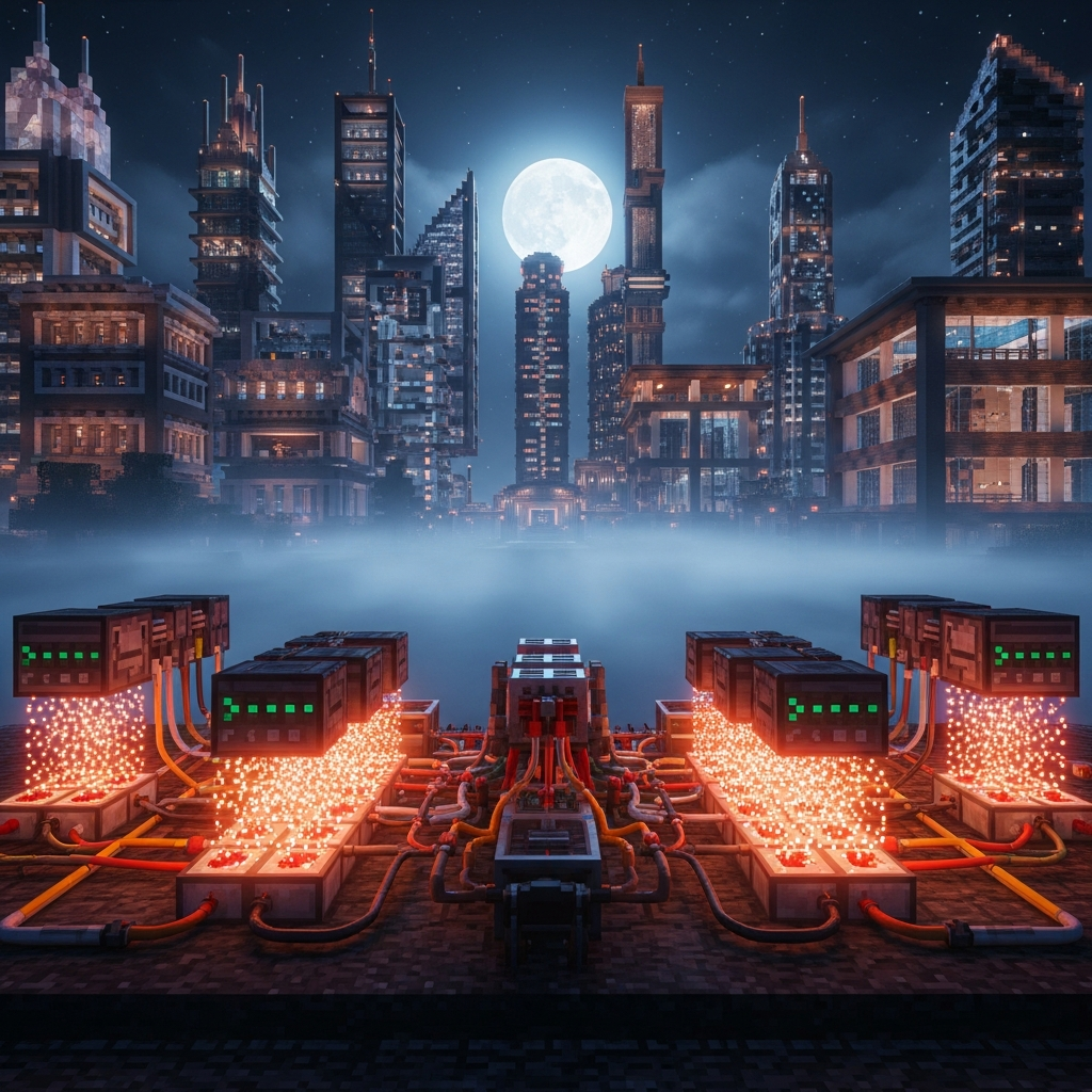 Detailaufnahme eines fotorealistischen Minecraft Bedrock Servers bei Nacht, Kommandoblöcke mit leuchtenden Partikeln in einer technischen Redstone-Anlage, im Hintergrund ein moderner Spawn-Bereich mit Custom Buildings, cinematische Beleuchtung und volumetrischer Nebel