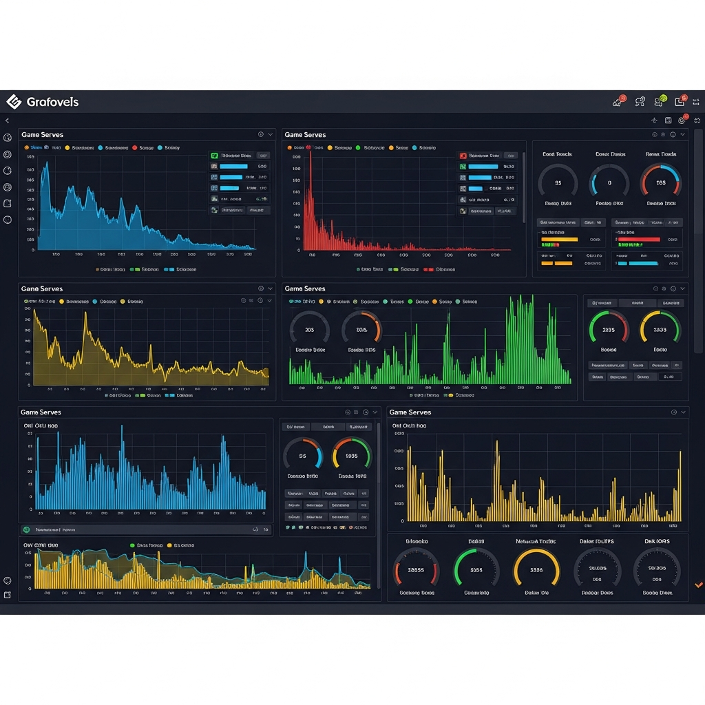 Detailed Grafana monitoring dashboard showing multiple panels with colorful performance graphs for CPU usage, RAM allocation, network traffic and disk IOPS across four different game servers, dark theme interface, ultra-wide screen format, photorealistic rendering