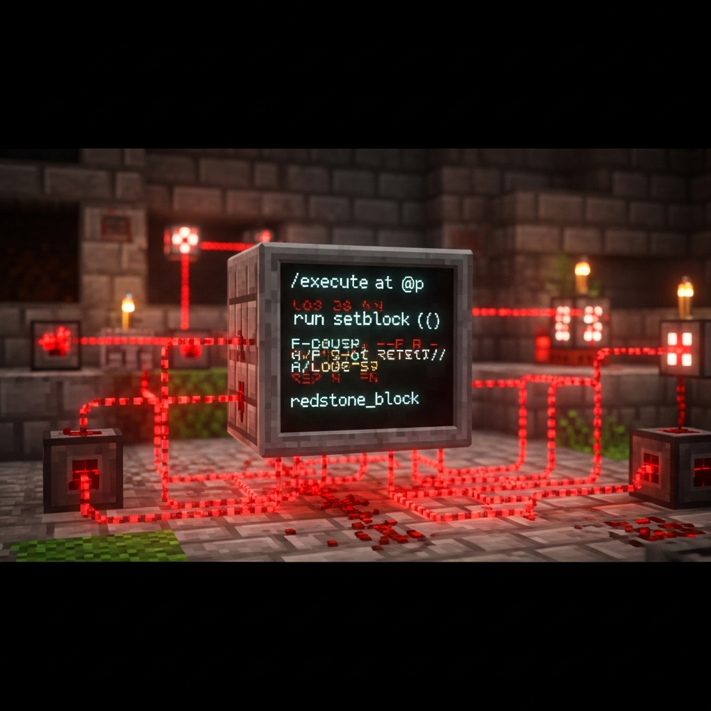 Detailed close-up of Minecraft Bedrock command block interface with complex command syntax visible, glowing redstone connections, dimly lit underground redstone laboratory aesthetic, photorealistic texturing with depth of field