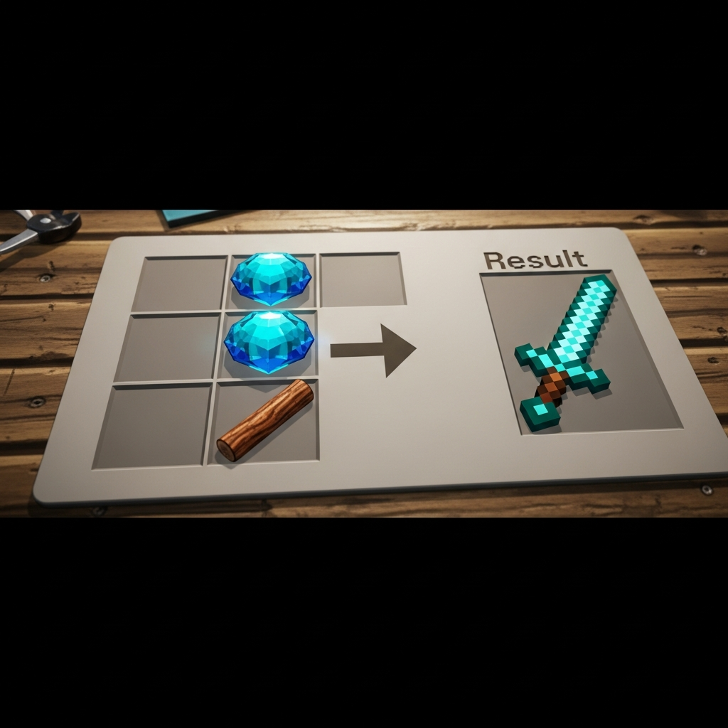 Detailed close-up photorealistic render of a crafting table interface showing the exact diamond sword recipe with two vibrant blue diamonds stacked vertically above a brown wooden stick in the center column of the 3x3 grid, with the finished diamond sword appearing in the result slot