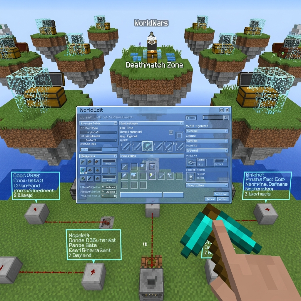 Detailed close-up screenshot of a Minecraft server admin configuring a SkyWars arena through an in-game WorldEdit interface, showing floating islands with loot chests, spawn cages, and a central deathmatch zone, with command blocks and holographic text displays visible in the foreground
