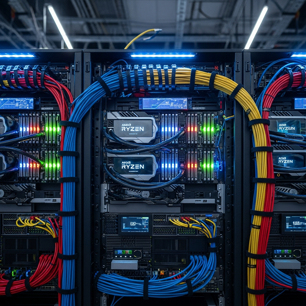 Detailed photorealistic image of a high-end server rack in a modern data center, featuring illuminated AMD Ryzen processors with visible cooling systems, colorful network cables neatly organized, digital displays showing server metrics, professional lighting highlighting the advanced hardware components