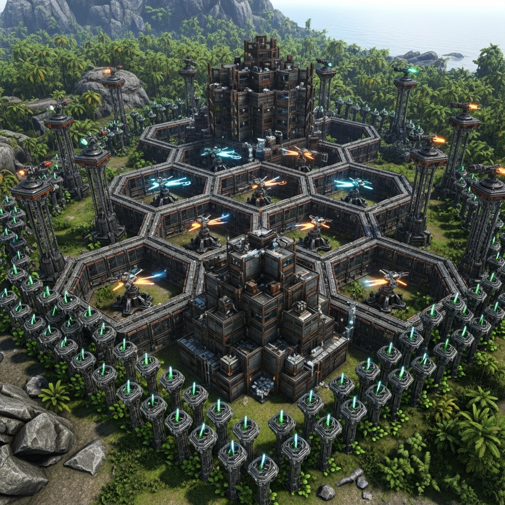 Detailed photorealistic overhead view of an ARK Survival Ascended base showing layered defensive walls with honeycomb structure, auto-turrets positioned on metal pillars, plant species X perimeter, and a fortified metal core building, tactical layout diagram style
