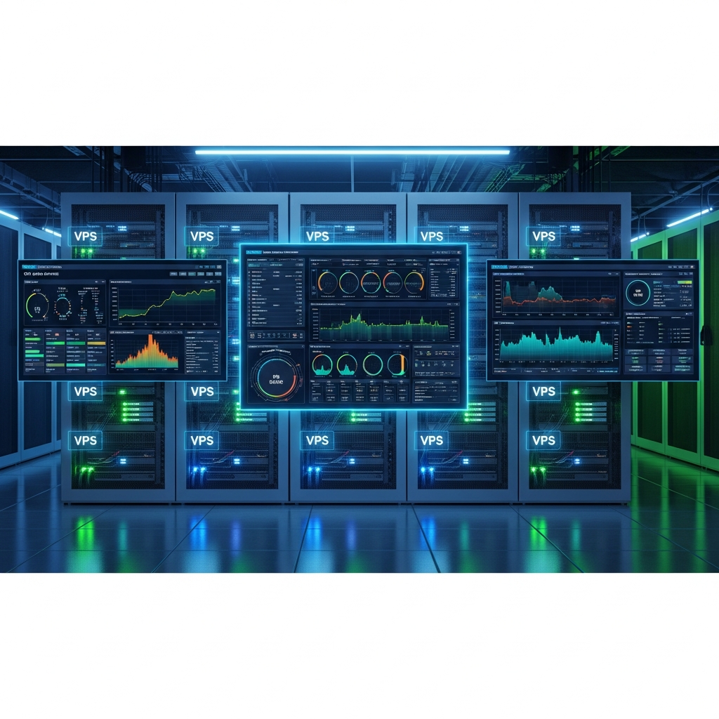 Detailed photorealistic server rack in a modern data center showing multiple VPS instances running, with monitoring screens displaying real-time gaming server performance metrics, CPU and RAM usage graphs, network traffic visualization, professional blue and green LED lighting