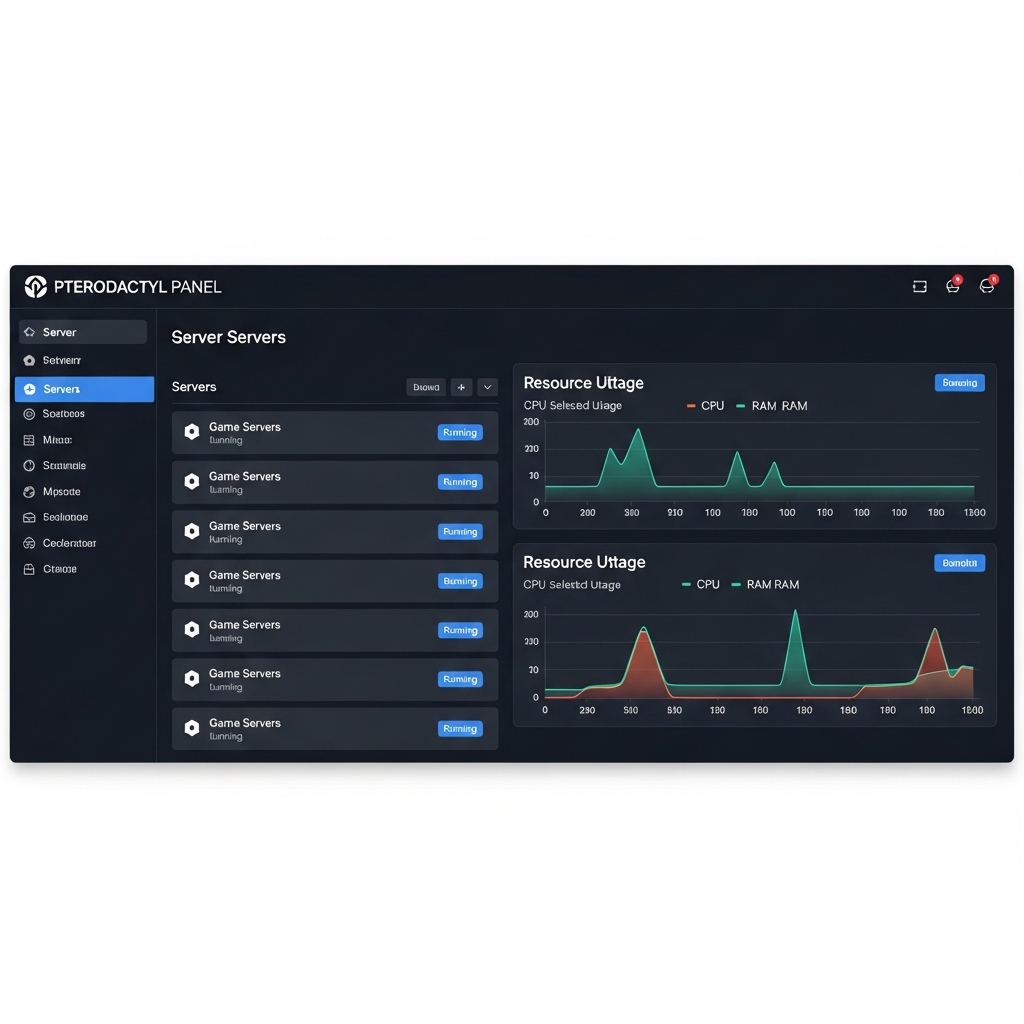 Detailed screenshot of Pterodactyl Panel web interface showing server list with multiple game servers running, resource graphs displaying CPU and RAM usage, with a dark modern UI theme and sidebar navigation visible