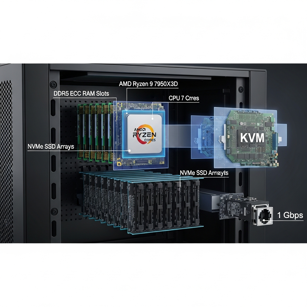 Detailed technical diagram showing VPS server architecture with labeled components including AMD Ryzen 9 7950X3D CPU cores, DDR5 ECC RAM slots, NVMe SSD arrays, 1 Gbps network interface, and KVM virtualization layer, rendered in clean professional infographic style