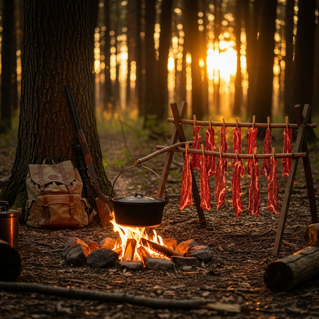 Detaillierte Ansicht eines Lagerplatzes im Wald, Lagerfeuer mit kochendem Topf, Hirschfleisch auf Holzstangen zum Trocknen, Rucksack und Waffen ordentlich an einem Baum angelehnt, goldenes Abendlicht durch Bäume