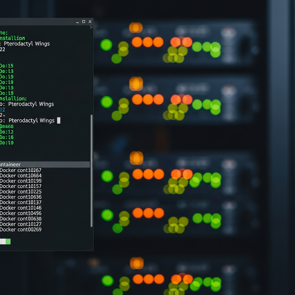 Detaillierte Nahaufnahme eines Terminal-Fensters auf einem Ubuntu-Server, der die erfolgreiche Installation von Pterodactyl Wings zeigt, im Vordergrund grün leuchtende Statusmeldungen und Docker-Container-Listen, im Hintergrund verschwommen ein Rack-Server mit blinkenden LED-Anzeigen