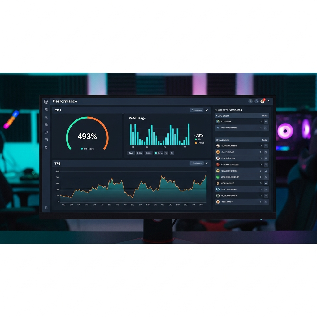 Detaillierte Visualisierung eines Minecraft-Server-Dashboards auf einem hochauflösenden Monitor, zeigt Echtzeit-Performance-Metriken wie CPU-Auslastung, RAM-Verwendung, TPS-Diagramme, Spielerliste, moderne UI mit dunklem Theme, professionelle Gaming-Umgebung im Hintergrund