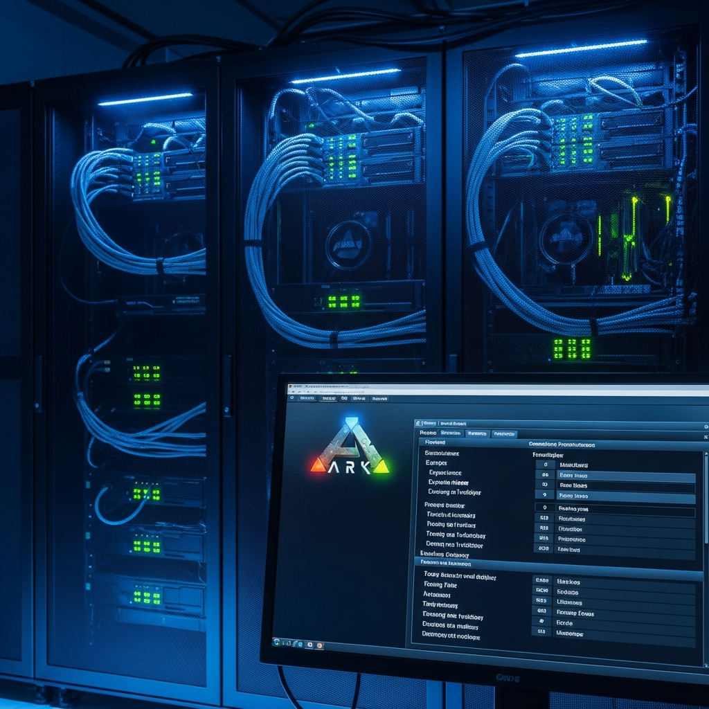 Detaillierte fotorealistische Ansicht eines modernen Server-Racks mit leuchtenden Statusanzeigen, im Vordergrund ein offenes ARK-Konfigurations-Panel auf einem hochauflösenden Monitor, das die Game.ini-Datei mit verschiedenen Multiplikator-Einträgen zeigt, professionelle Datacenter-Atmosphäre mit kühlem blauen Licht
