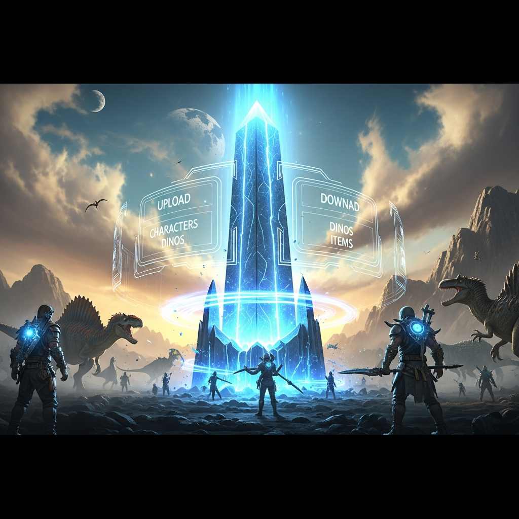 Detaillierte fotorealistische Nahaufnahme eines leuchtenden ARK-Obelisken in einer epischen Landschaft, mit Interface-Elementen die Upload- und Download-Optionen für Charaktere, Dinos und Items zeigen, dramatische Beleuchtung mit Partikeln um den Obelisken, im Hintergrund weitere Spieler und gezähmte Dinosaurier