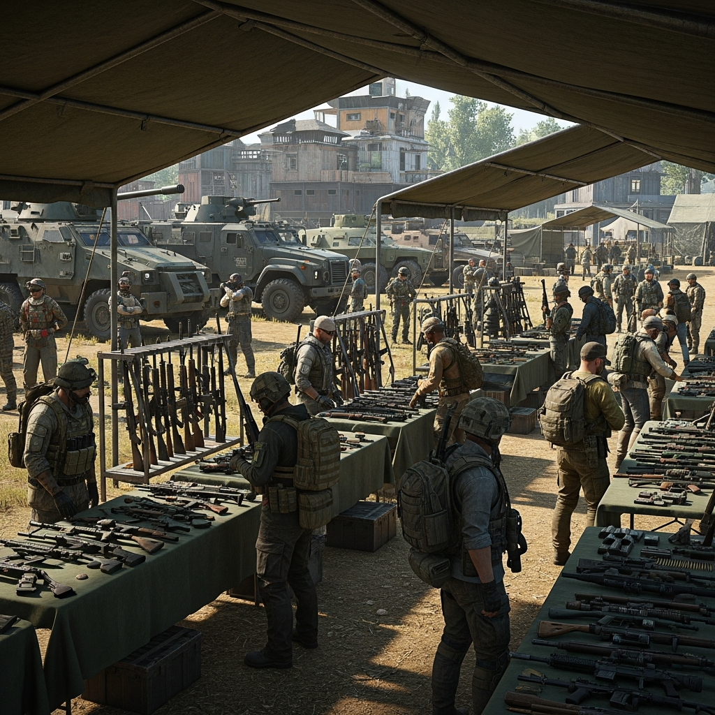 Detaillierte fotorealistische Szene eines DayZ Modded-Servers: Eine belebte Trader-Zone mit NPC-Händlern unter Militärzelten, Spieler in taktischer Ausrüstung handeln vor Waffenständen, im Hintergrund gepanzerte Fahrzeuge und Custom-Buildings, modernes, lebendiges Survival-Gameplay mit bunter Community-Atmosphäre