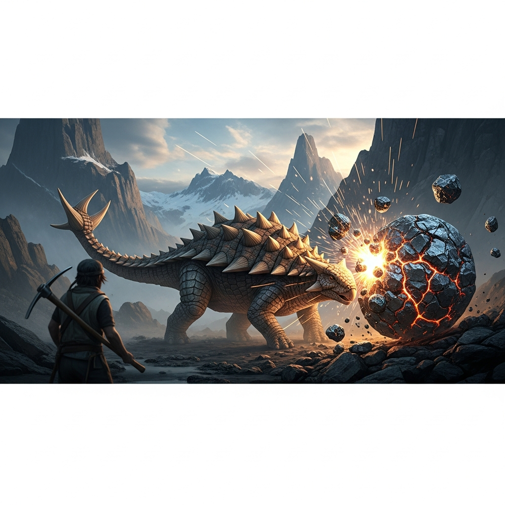 Detaillierte fotorealistische Szene eines gepanzerten Ankylosaurus, der mit seinem massiven Schwanz einen metallhaltigen Felsbrocken in einer Bergregion zerschlägt, Funken und Metallbrocken fliegen durch die Luft, dahinter ein Spieler mit Spitzhacke
