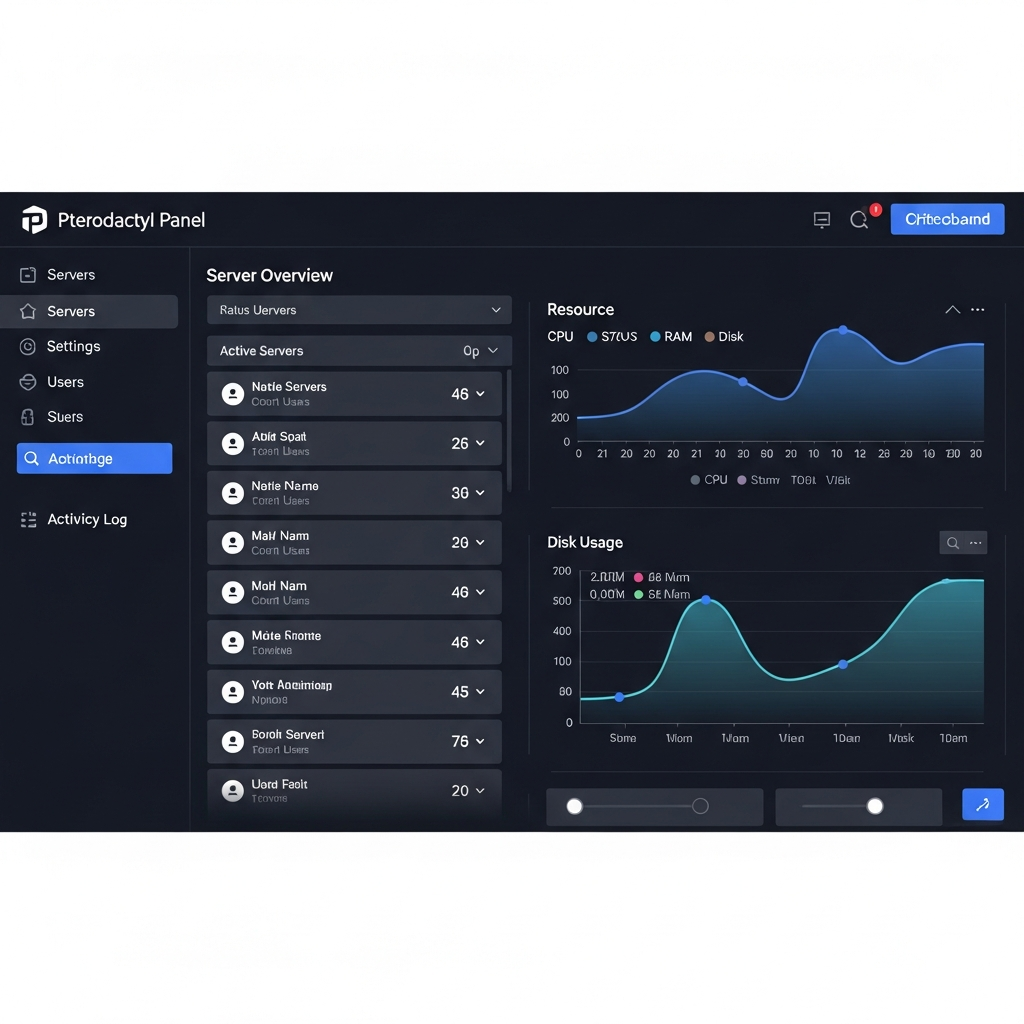 Detaillierter Screenshot des Pterodactyl-Panel-Dashboards mit Server-Übersicht, Ressourcen-Graphen und Navigation, modernes dunkles UI-Design mit Statistiken