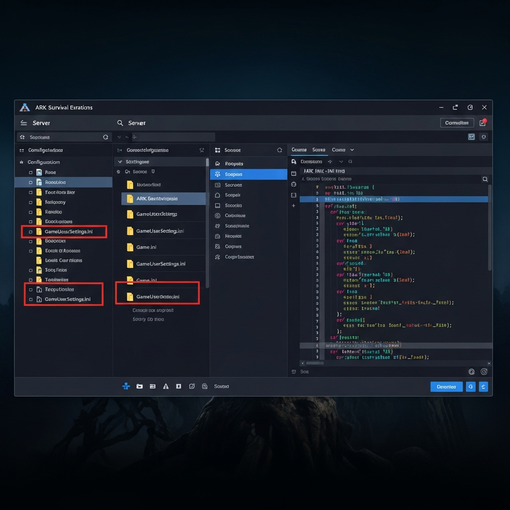 Detaillierter Screenshot einer professionellen Server-Management-Oberfläche mit geöffneten ARK INI-Konfigurationsdateien, Code-Editor mit Syntax-Highlighting, moderne dunkle UI, klare Typografie, realistische Darstellung