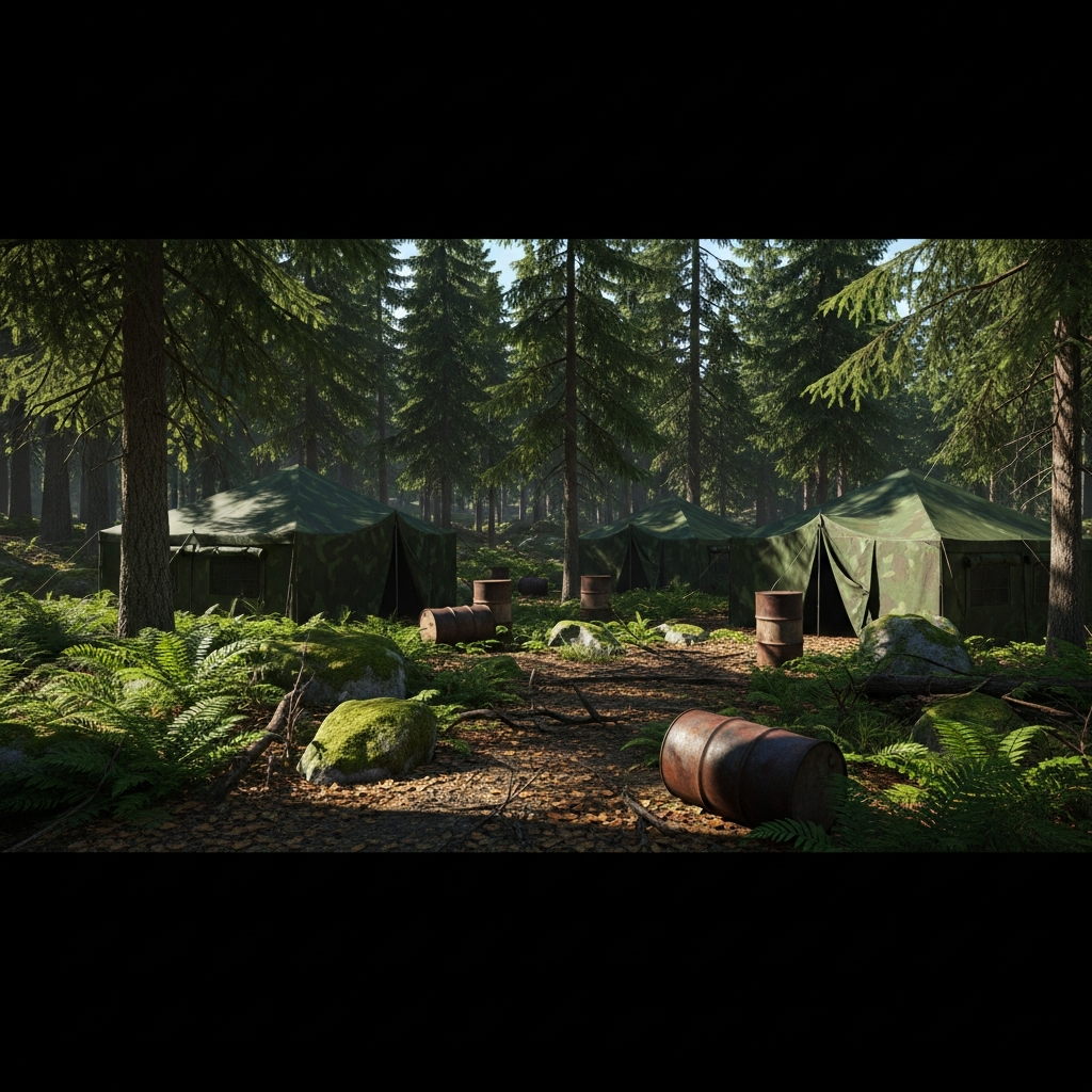 Detaillierter fotorealistischer Screenshot aus DayZ-Perspektive, Blick auf perfekt getarnte grüne Militärzelte zwischen dichten Fichten und Farnen, Nachmittagslicht durch Baumkronen, verstreute Fässer natürlich zwischen Felsen platziert, realistische Waldatmosphäre